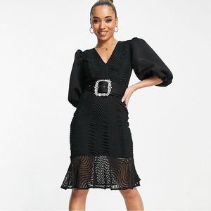 NEW ASOS DESIGN puff sleeve wiggle lace midi dress with pocket detail in black